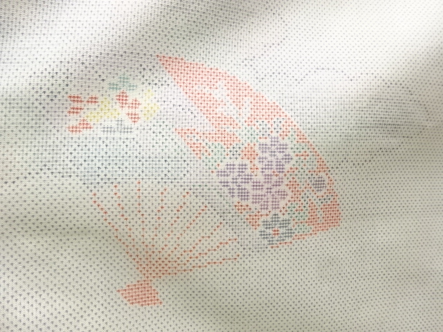  雲に扇模様織出し本場白大島紬着物（7マルキ）